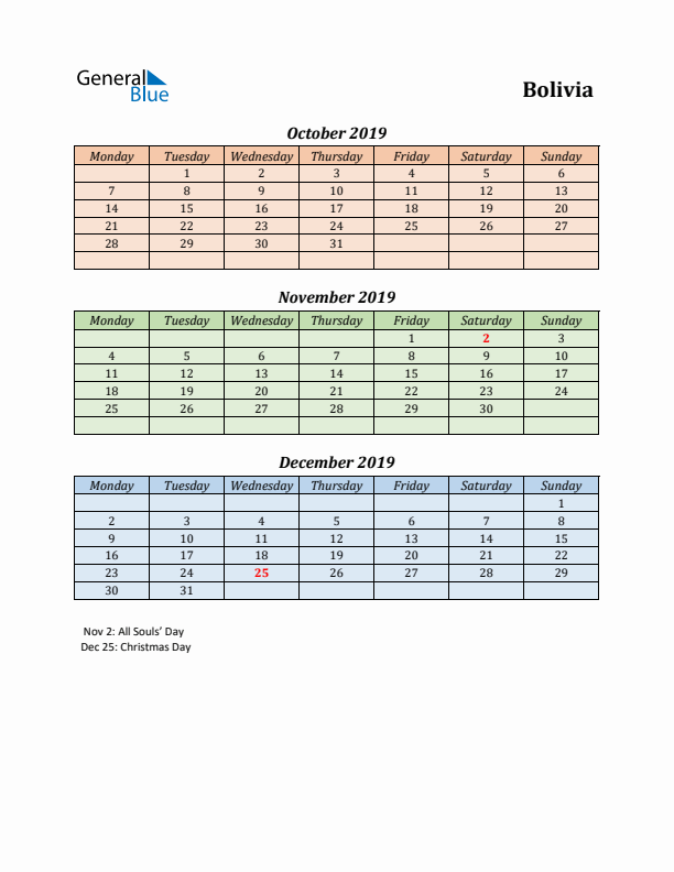 Q4 2019 Holiday Calendar - Bolivia