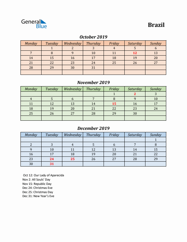 Q4 2019 Holiday Calendar - Brazil