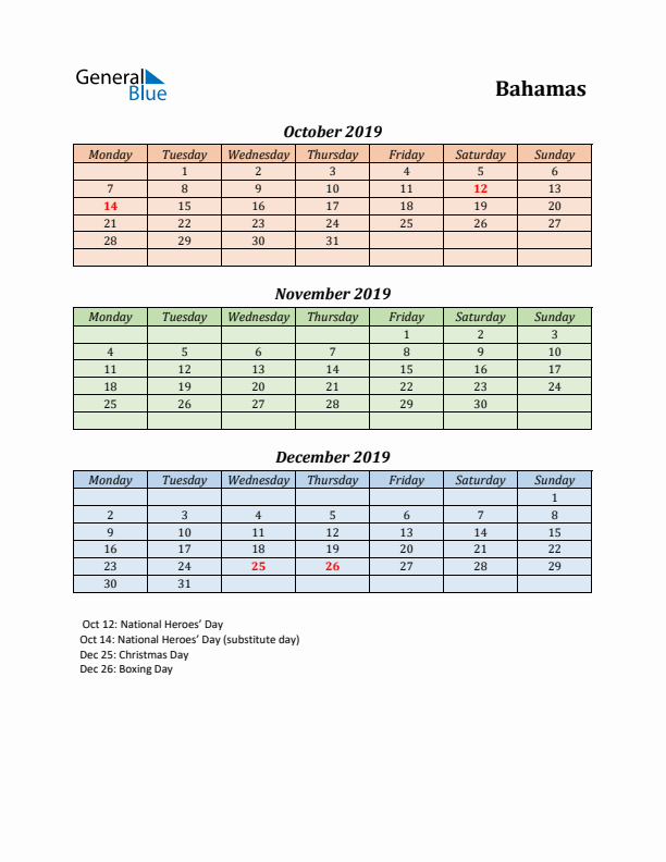 Q4 2019 Holiday Calendar - Bahamas