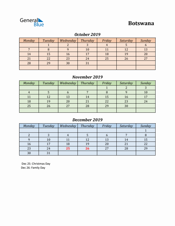 Q4 2019 Holiday Calendar - Botswana