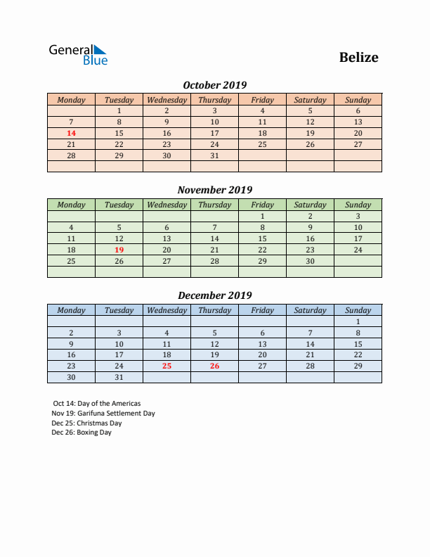 Q4 2019 Holiday Calendar - Belize