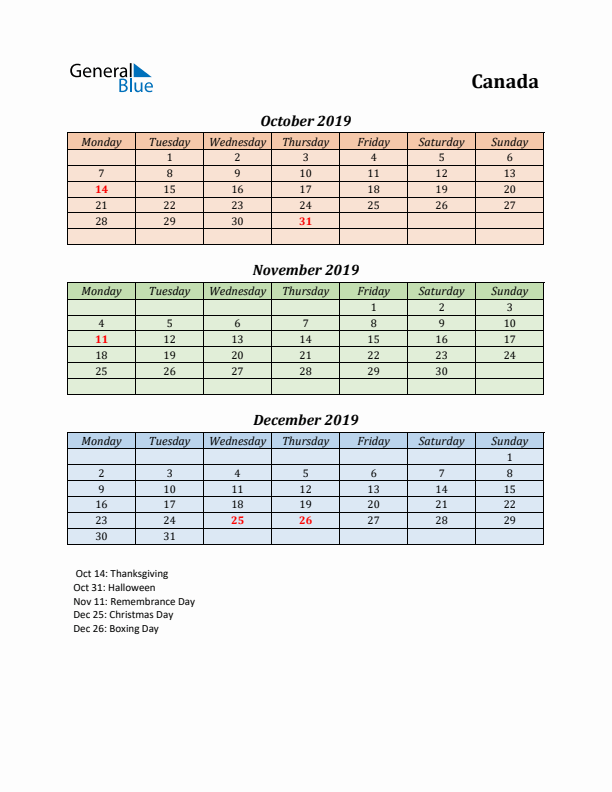 Q4 2019 Holiday Calendar - Canada