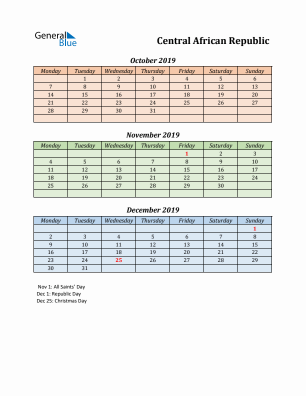 Q4 2019 Holiday Calendar - Central African Republic