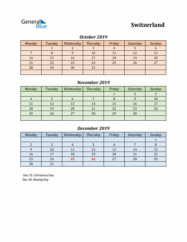 Q4 2019 Holiday Calendar - Switzerland