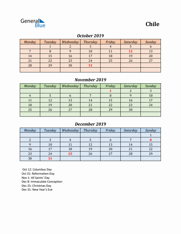 Q4 2019 Holiday Calendar - Chile