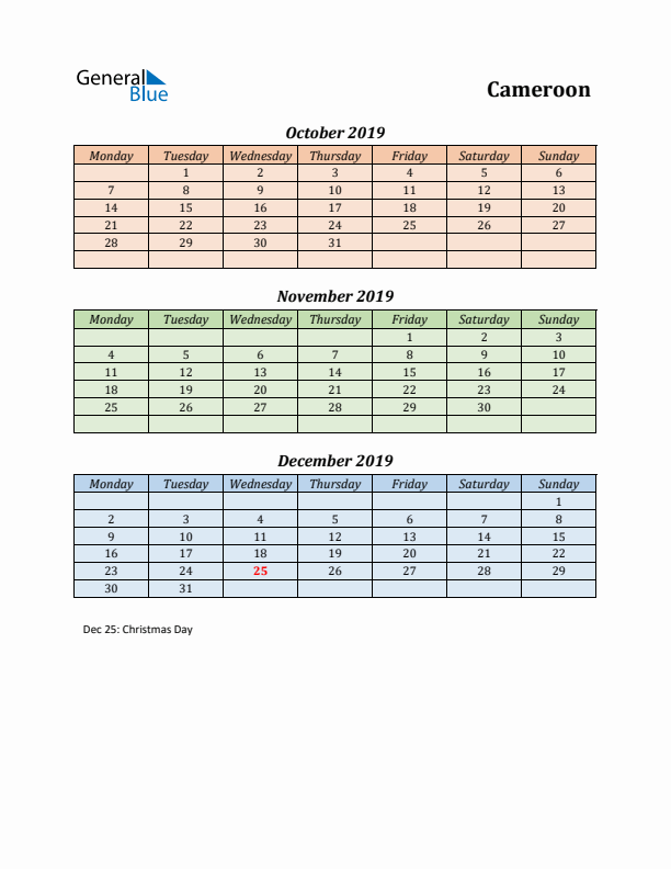 Q4 2019 Holiday Calendar - Cameroon