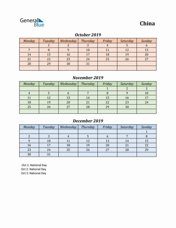 Q4 2019 Holiday Calendar - China