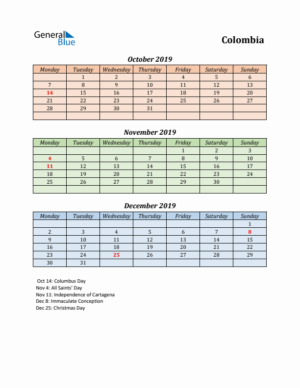 Q4 2019 Holiday Calendar - Colombia