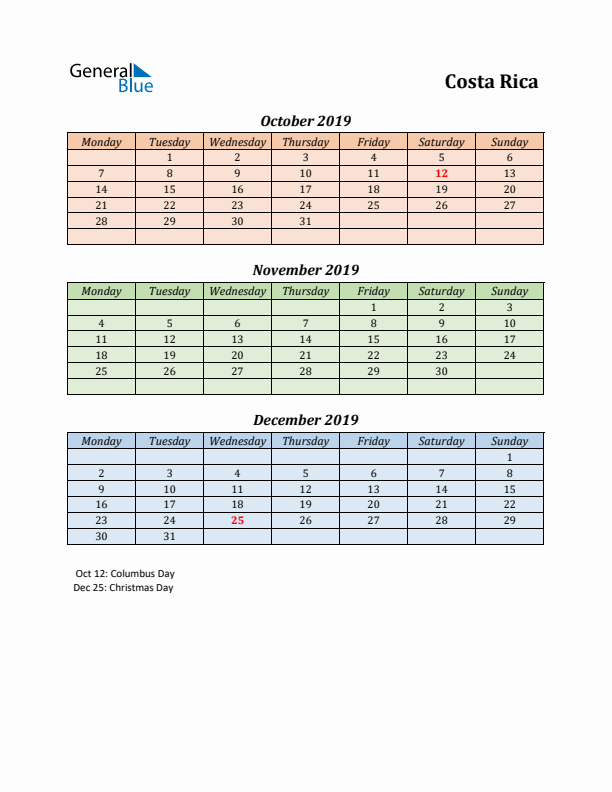 Q4 2019 Holiday Calendar - Costa Rica