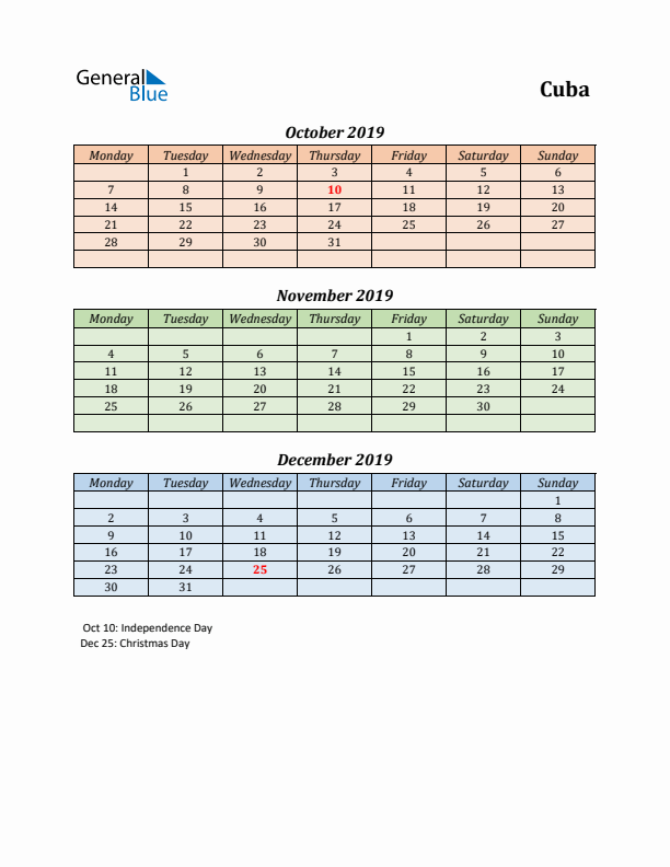 Q4 2019 Holiday Calendar - Cuba