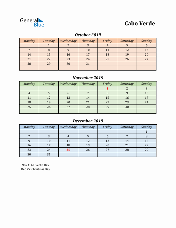 Q4 2019 Holiday Calendar - Cabo Verde