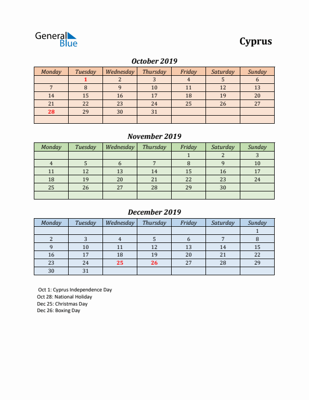 Q4 2019 Holiday Calendar - Cyprus