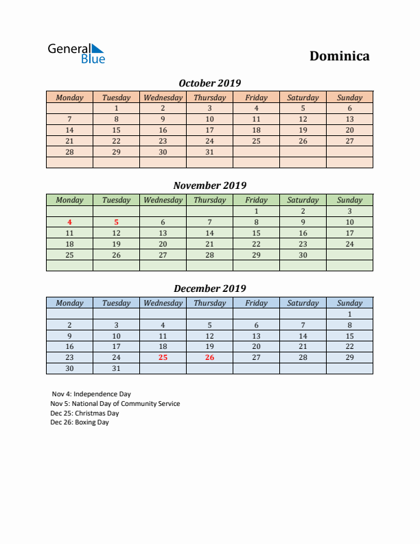 Q4 2019 Holiday Calendar - Dominica