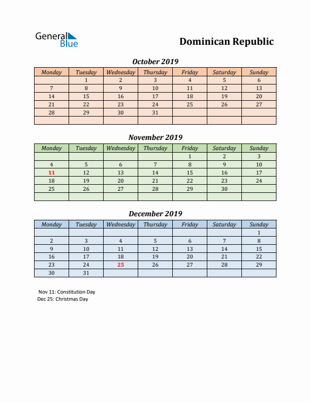 Q4 2019 Holiday Calendar - Dominican Republic