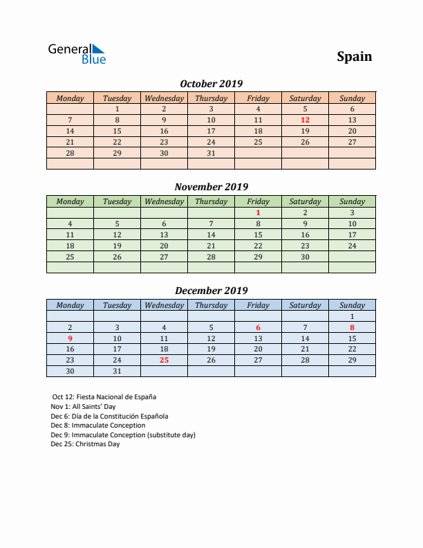 Q4 2019 Holiday Calendar - Spain