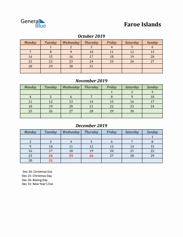 Q4 2019 Holiday Calendar - Faroe Islands