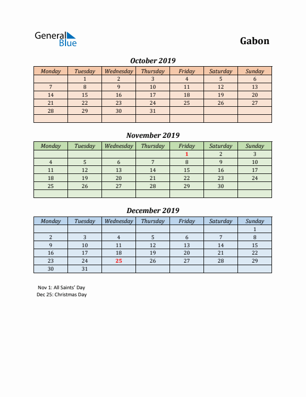 Q4 2019 Holiday Calendar - Gabon