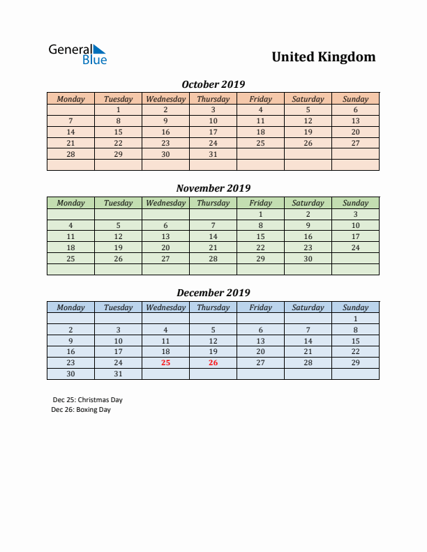 Q4 2019 Holiday Calendar - United Kingdom