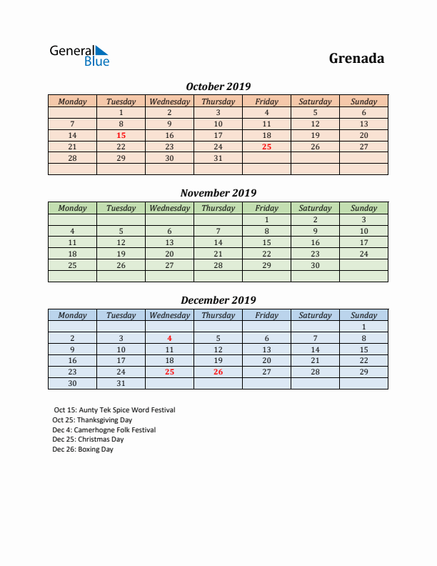 Q4 2019 Holiday Calendar - Grenada