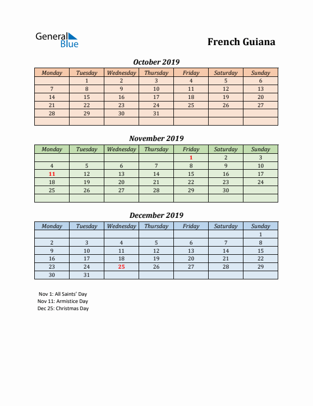 Q4 2019 Holiday Calendar - French Guiana