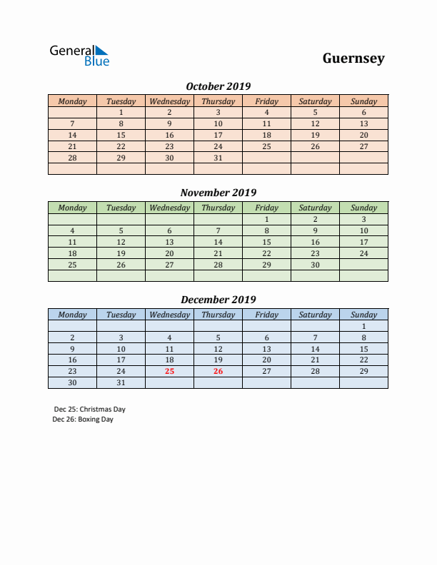 Q4 2019 Holiday Calendar - Guernsey