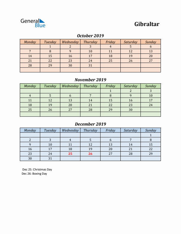 Q4 2019 Holiday Calendar - Gibraltar