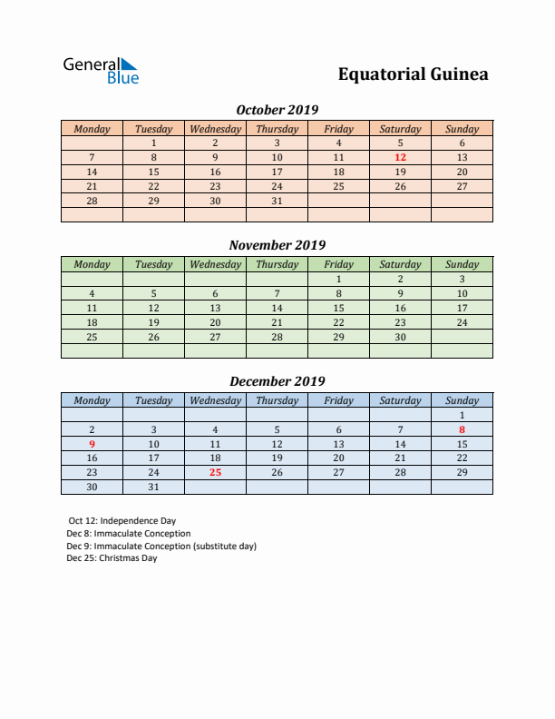 Q4 2019 Holiday Calendar - Equatorial Guinea