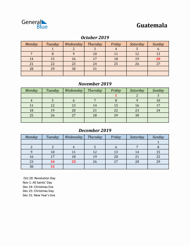 Q4 2019 Holiday Calendar - Guatemala