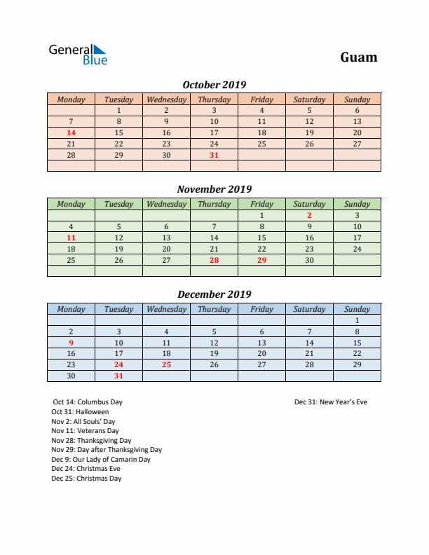 Q4 2019 Holiday Calendar - Guam