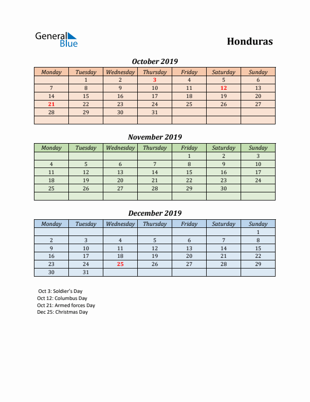 Q4 2019 Holiday Calendar - Honduras