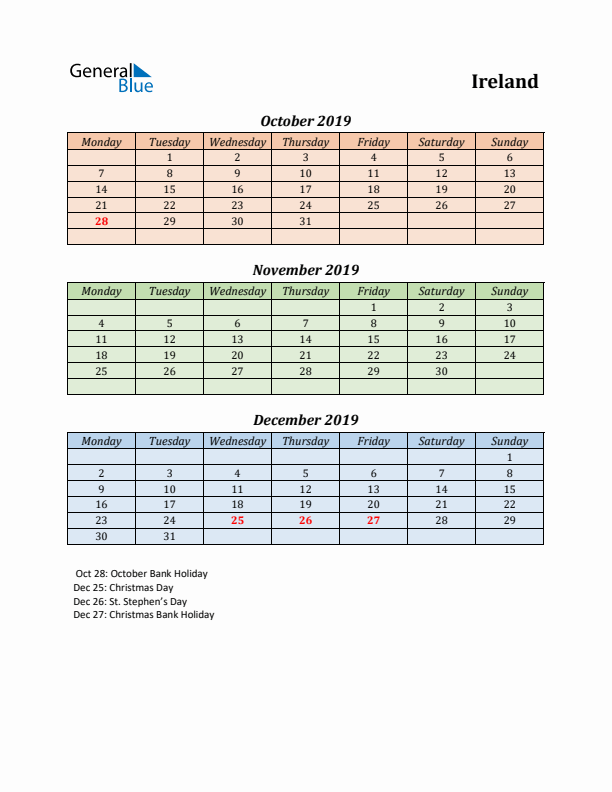 Q4 2019 Holiday Calendar - Ireland