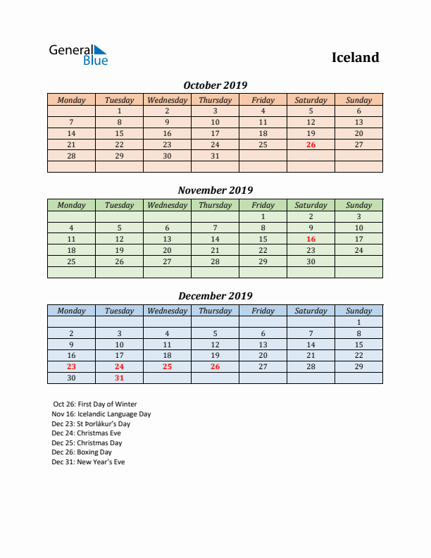 Q4 2019 Holiday Calendar - Iceland