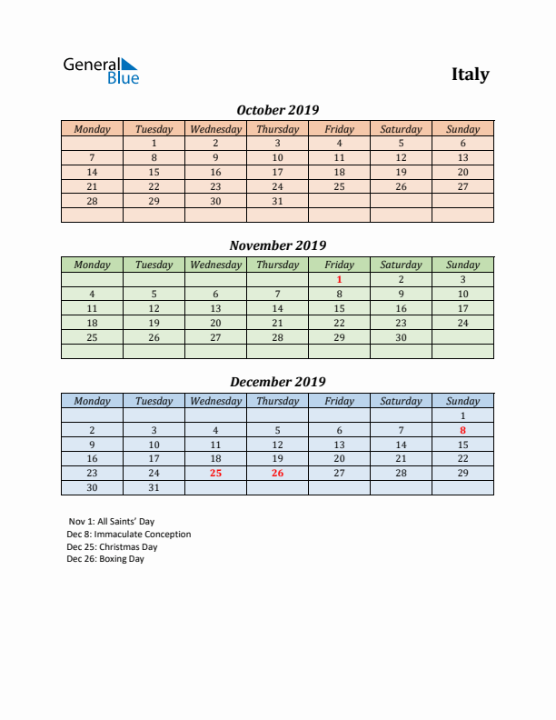 Q4 2019 Holiday Calendar - Italy