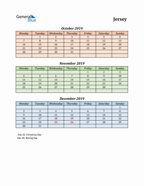 Q4 2019 Holiday Calendar - Jersey