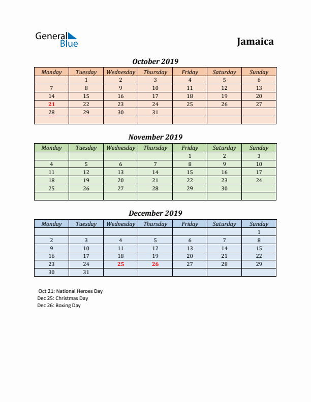 Q4 2019 Holiday Calendar - Jamaica