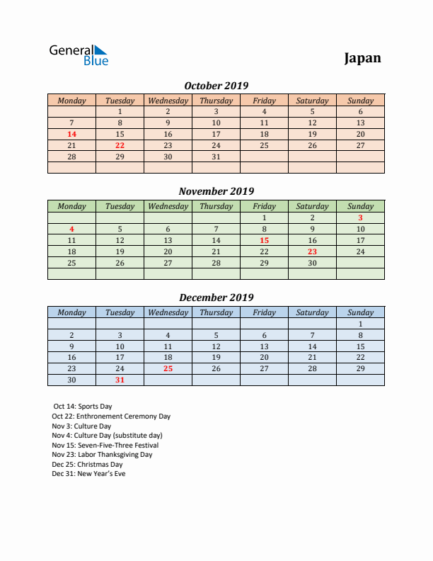 Q4 2019 Holiday Calendar - Japan