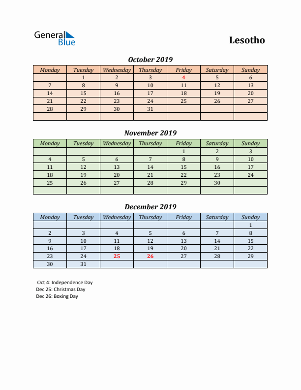 Q4 2019 Holiday Calendar - Lesotho