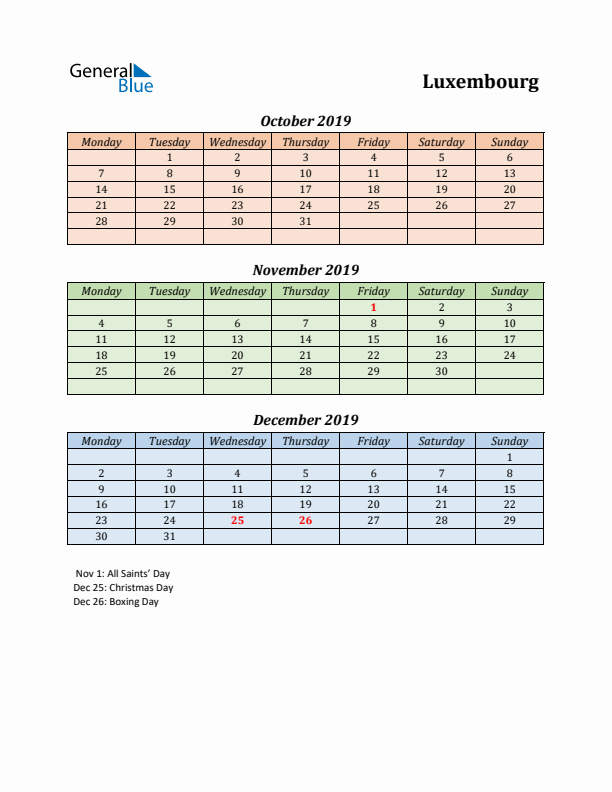 Q4 2019 Holiday Calendar - Luxembourg