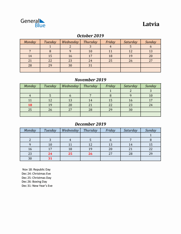 Q4 2019 Holiday Calendar - Latvia