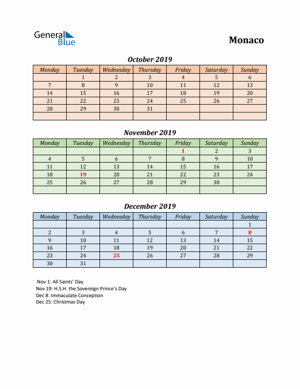 Q4 2019 Holiday Calendar - Monaco