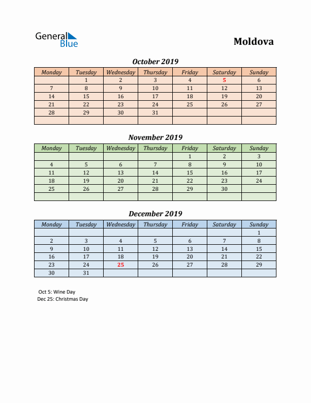 Q4 2019 Holiday Calendar - Moldova