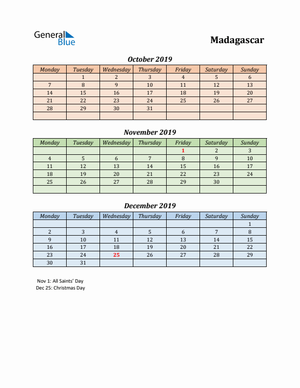 Q4 2019 Holiday Calendar - Madagascar