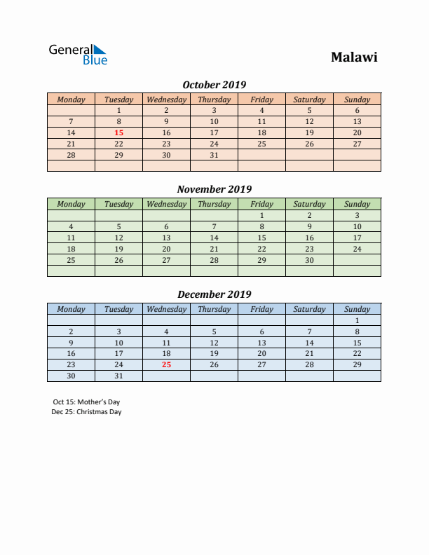 Q4 2019 Holiday Calendar - Malawi