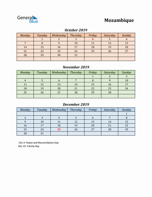 Q4 2019 Holiday Calendar - Mozambique