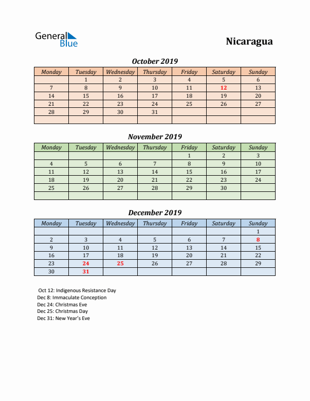 Q4 2019 Holiday Calendar - Nicaragua