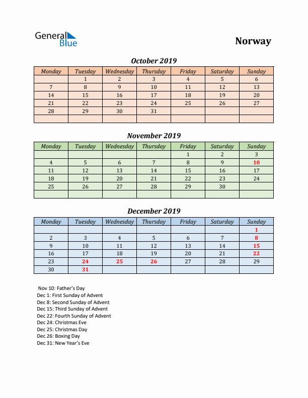 Q4 2019 Holiday Calendar - Norway