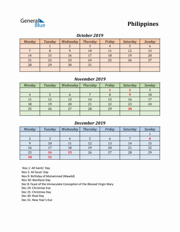 Q4 2019 Holiday Calendar - Philippines