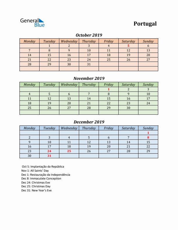 Q4 2019 Holiday Calendar - Portugal