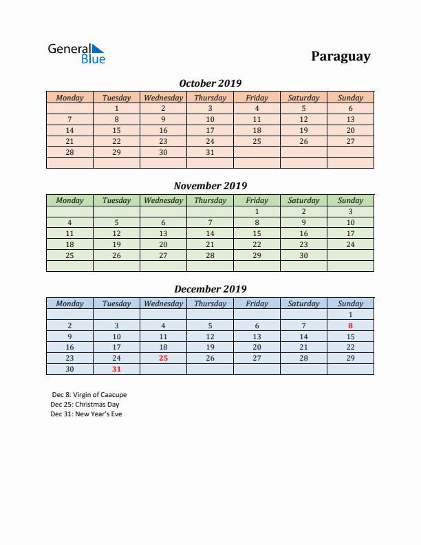 Q4 2019 Holiday Calendar - Paraguay