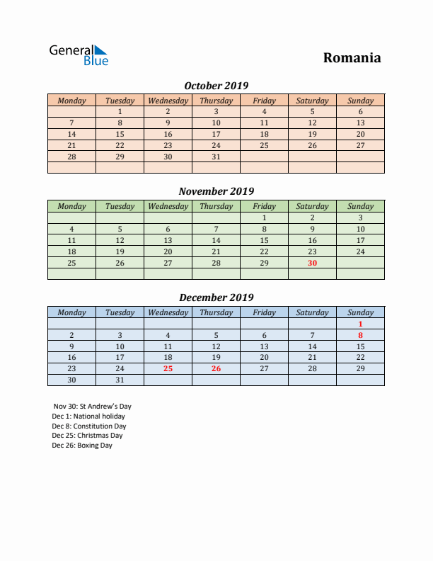 Q4 2019 Holiday Calendar - Romania